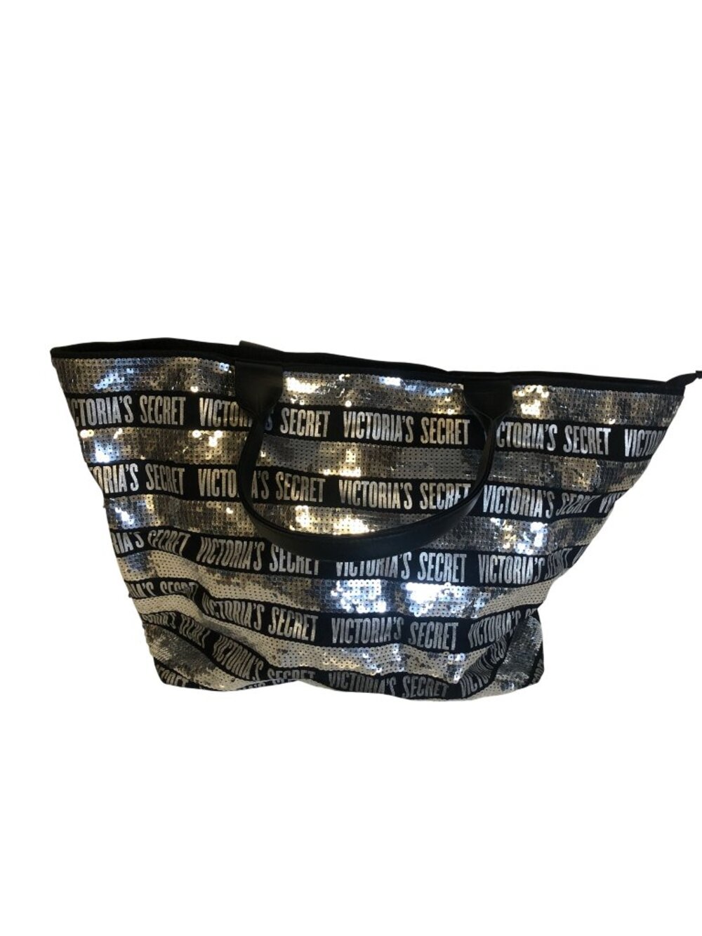 Victorias Secret Black Silver Sequin Tote Bag Dual Handles